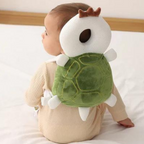 Plush baby head protector backpack cushion, green turtle design with white shell