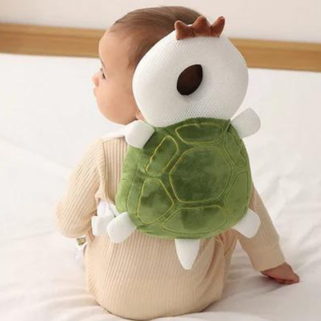 Plush baby head protector backpack cushion, green turtle design with white shell