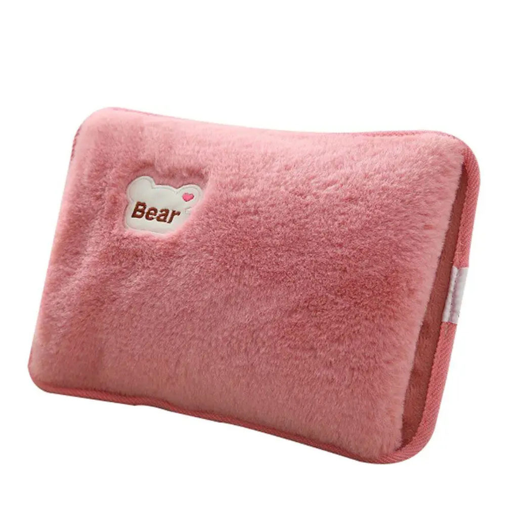 Rechargeable hot water heating pad with pink fleece cover and Bear patch