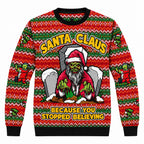 Red Christmas sweater with Santa Claus graphic, zigzag knit pattern and ribbed cuffs