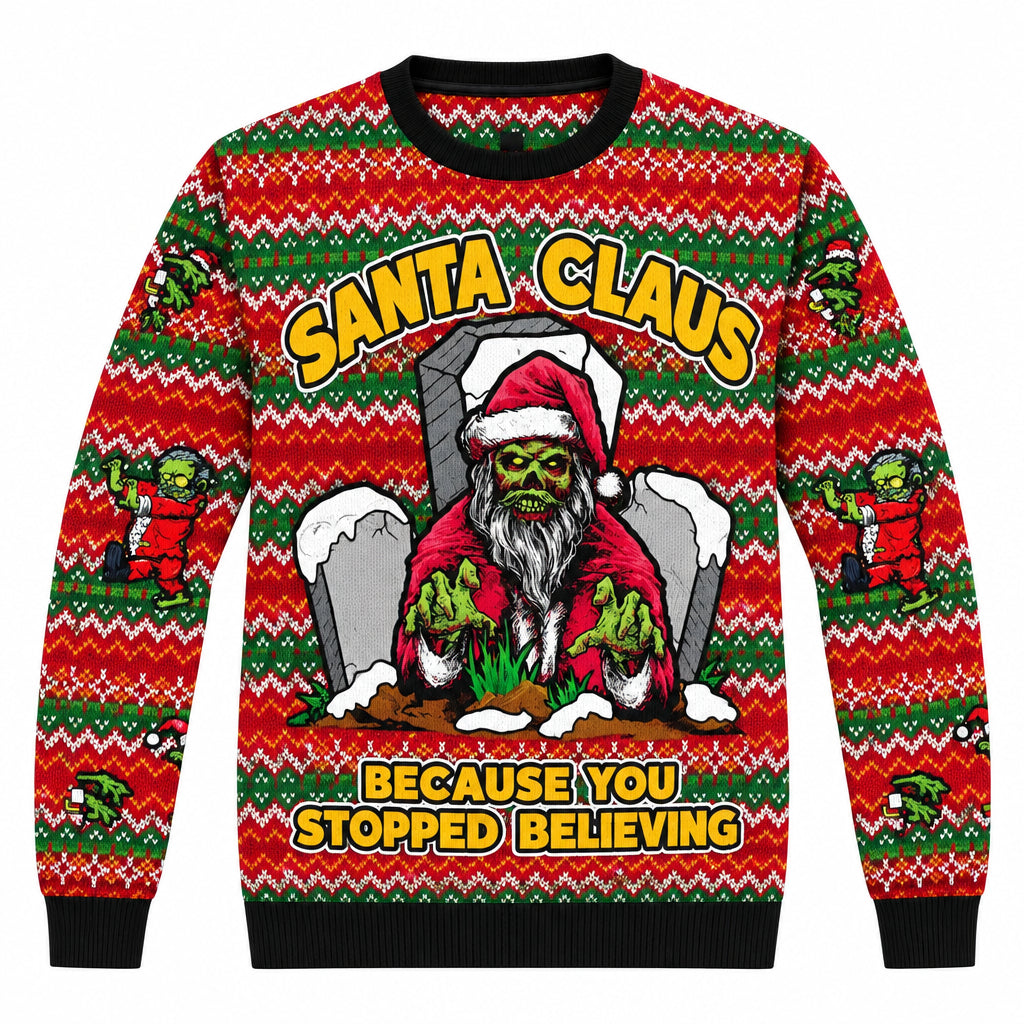 Red Christmas sweater with Santa Claus graphic, zigzag knit pattern and ribbed cuffs