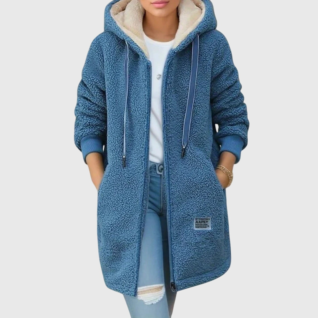 Women's teddy coat with hood, blue sherpa fleece, full-zip front and side pockets