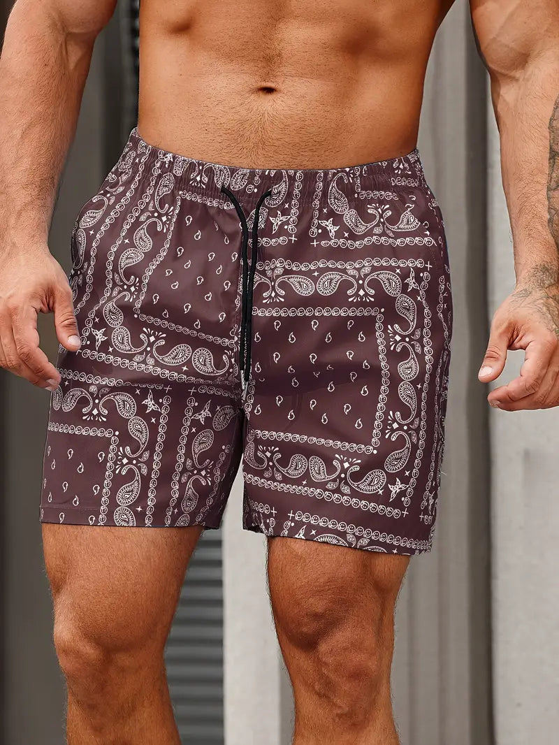Cazaro | Bandana Shorts for Men - Printed Elastic Waist Drawstring Regular Summer Fit-Men's Shorts-Burgundy-S-Camoufit