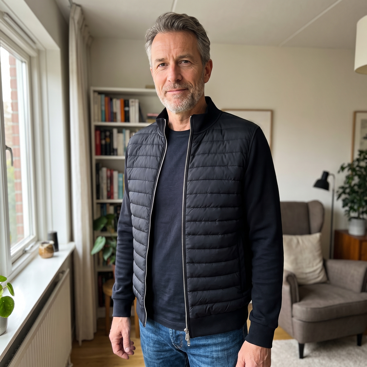 Men's quilted puffer jacket with high collar, full-zip front in dark navy