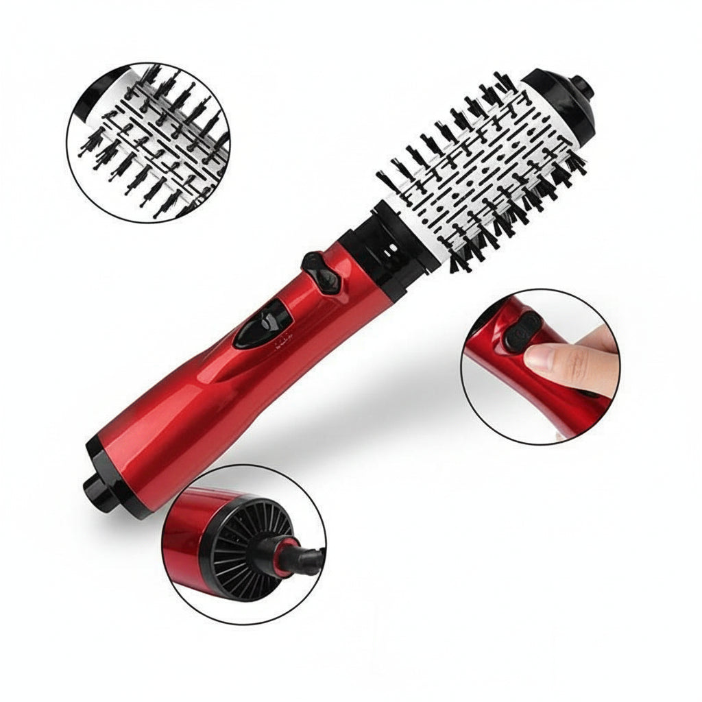 3-in-1 hot air hair brush dryer with red body and two brush barrel attachments