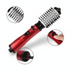 3-in-1 hot air hair brush dryer with red body and two brush barrel attachments