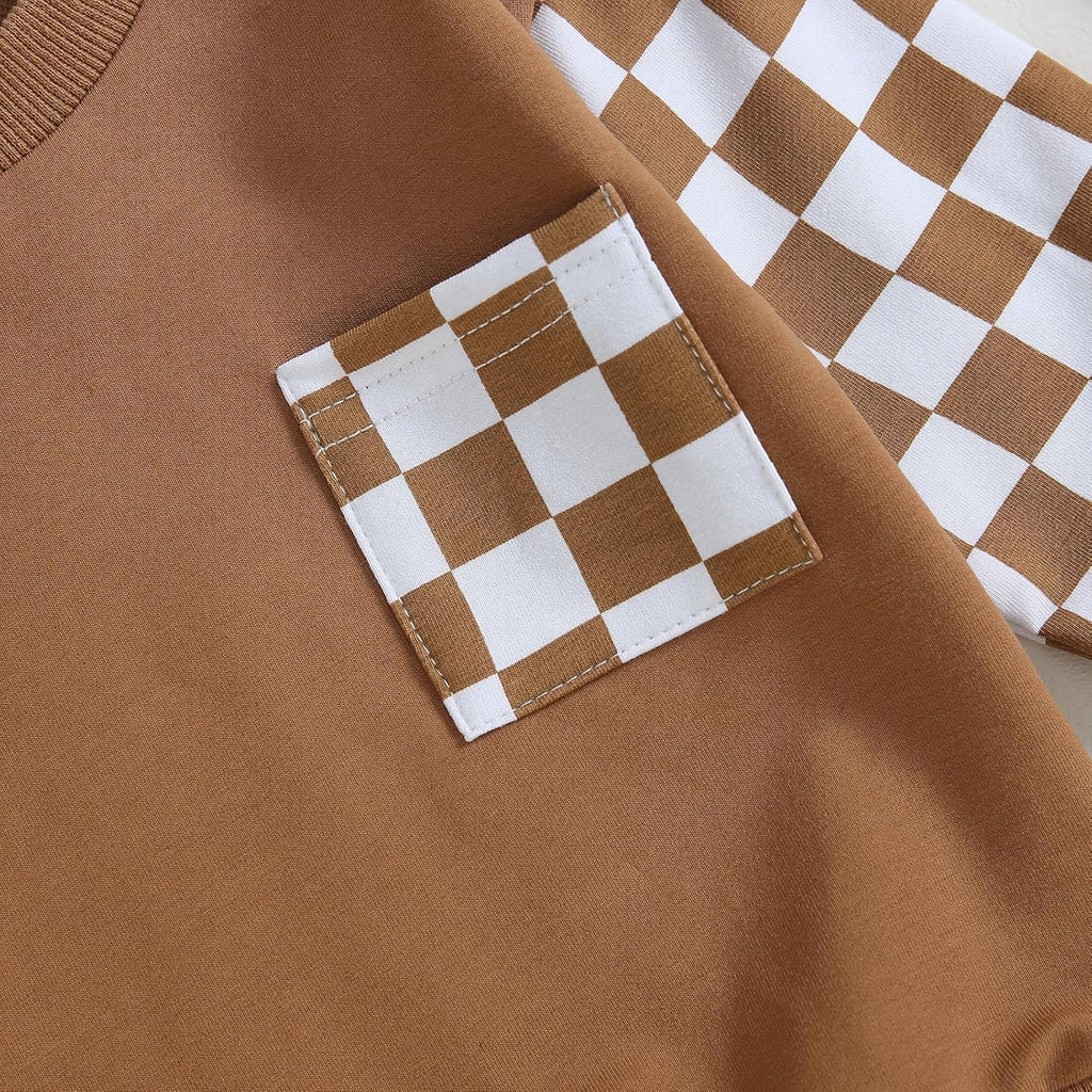 Brown sweatshirt with green-and-white checkered patch pocket detail
