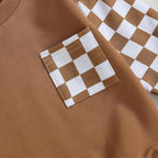 Brown sweatshirt with green-and-white checkered patch pocket detail