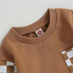 Brown long-sleeve sweatshirt neckline with tag and checkered pocket panel