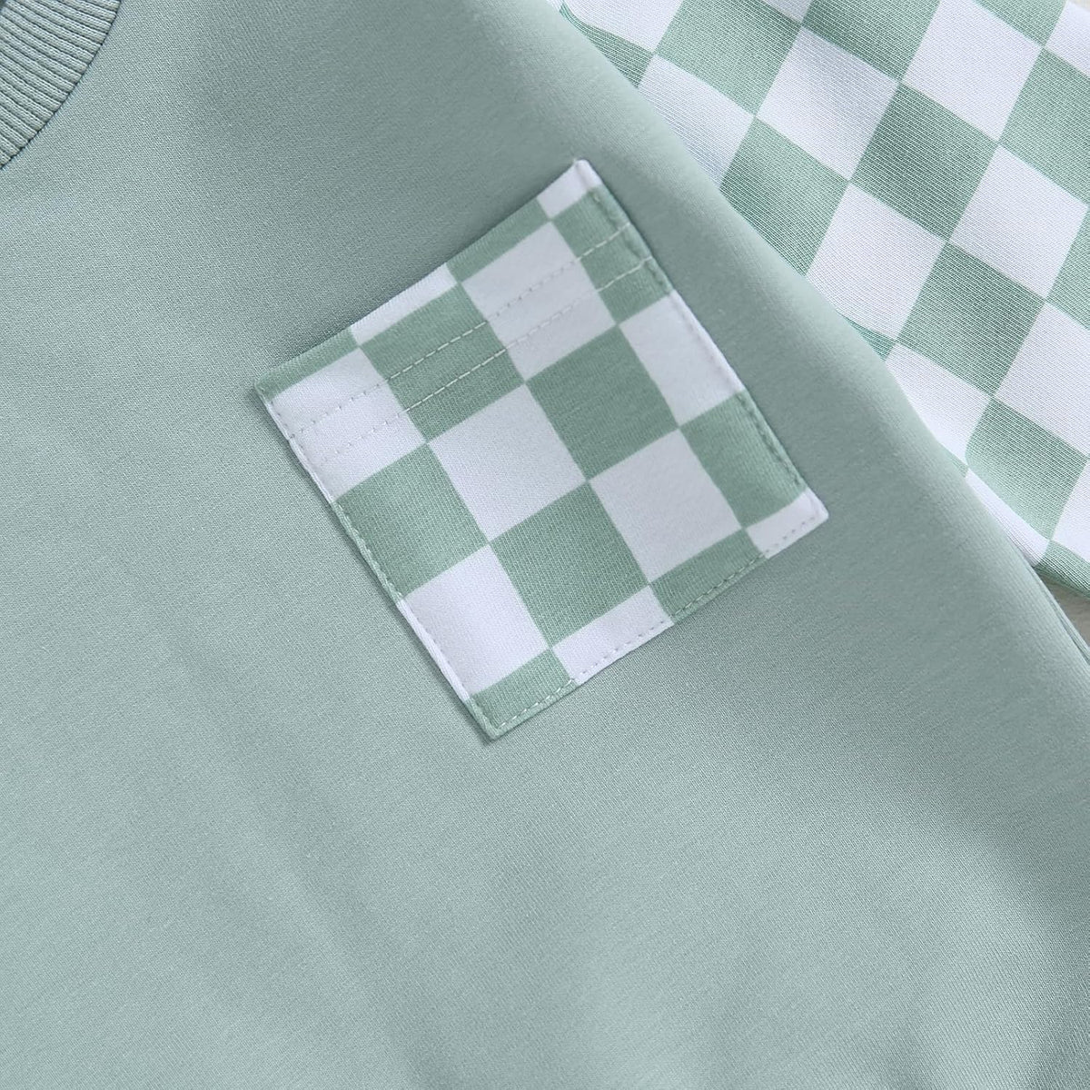 Mint sweatshirt with green-and-white checkered pocket patch detail