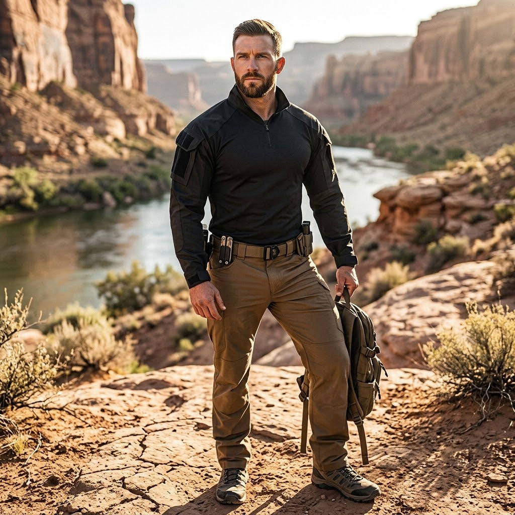 Ravello | Tactical Combat Shirt for Men - Quarter Zip Long Sleeve Sleeve Pocket Stretch Fit-Tactical Top-Black-S-Camoufit