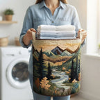Quilted fabric laundry hamper with forest scene print and padded top handles