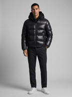 Men's black quilted hooded puffer jacket, full-length front view