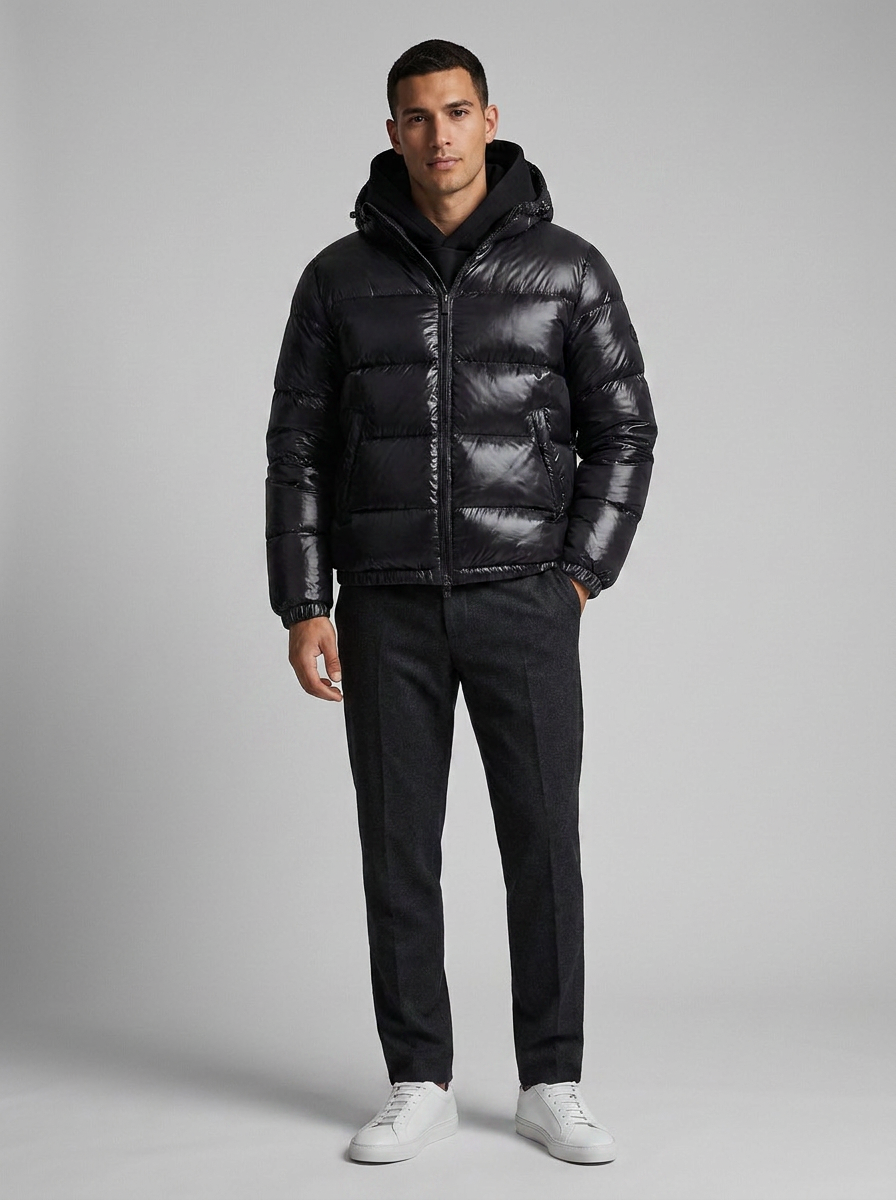 Men's black quilted hooded puffer jacket, full-length front view