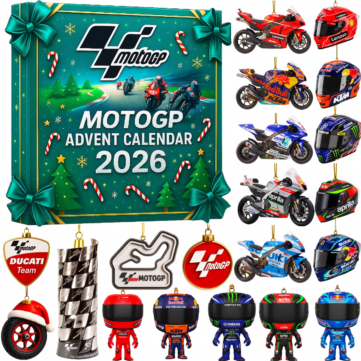 Motorcycle racing advent calendar 2026 box with mini racing figures and helmets