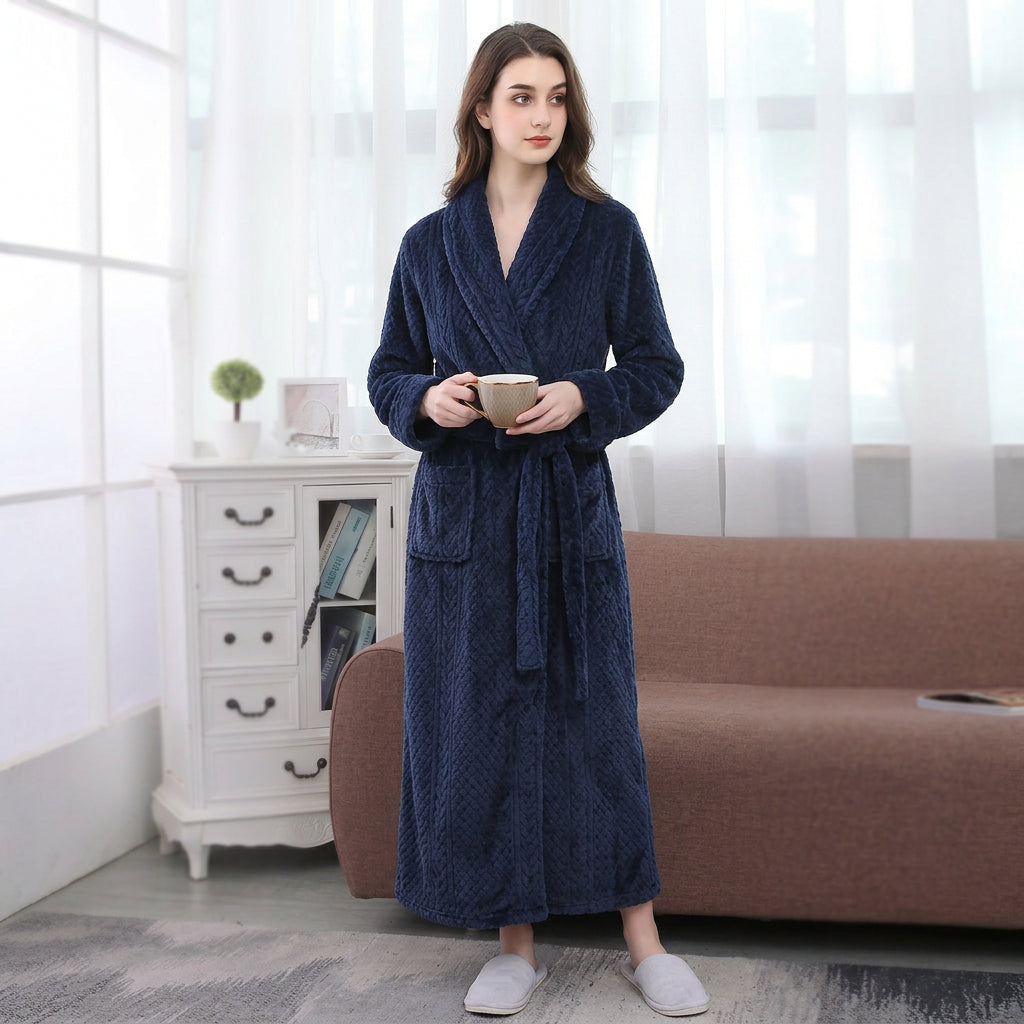 Women’s long plush robe in navy textured fleece, tie belt and shawl collar
