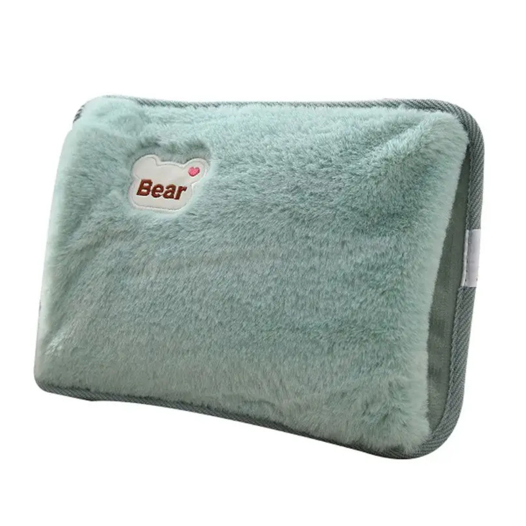 Rechargeable hot water heating pad with green fleece cover and Bear patch