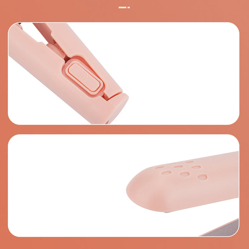 Mini 2-in-1 travel curling and straightening iron, light pink finish and end button