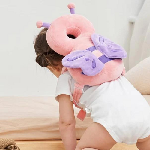 Padded baby head protector backpack cushion, pink and lavender neck collar