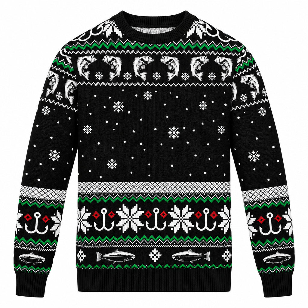 Black Christmas sweater with green and white Fair Isle pattern and snowflake details