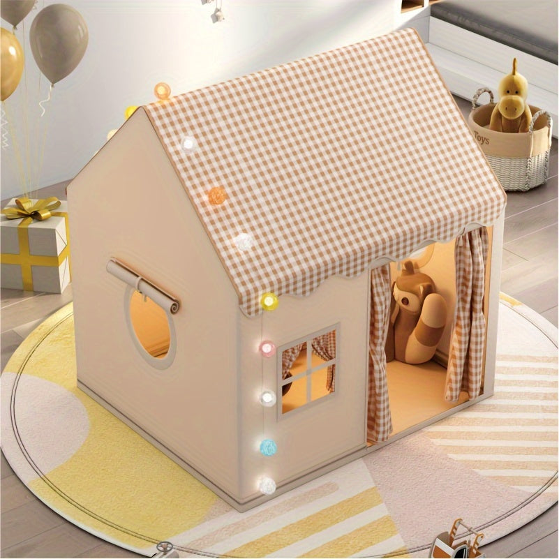 Kids play tent angled view with side window, gingham roof, and curtain doorway