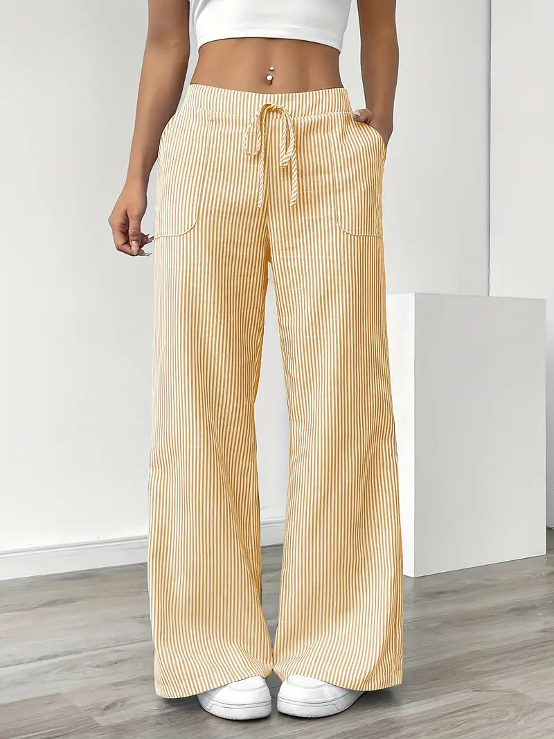 Isola | Wide Leg Trousers for Women - Striped Flared Drawstring Boho Beach Summer Fit-Women's Pants-Yellow-S-Camoufit