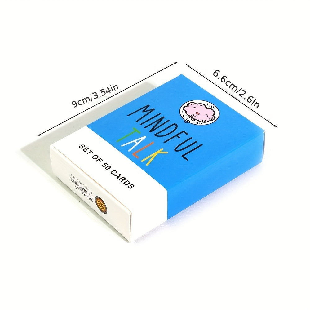 Mindful Talk card set box at angle with “Set of 50 Cards” and Mindful Talk branding
