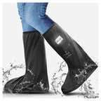 Black waterproof overshoe covers on sneakers, shown with water-splash pattern
