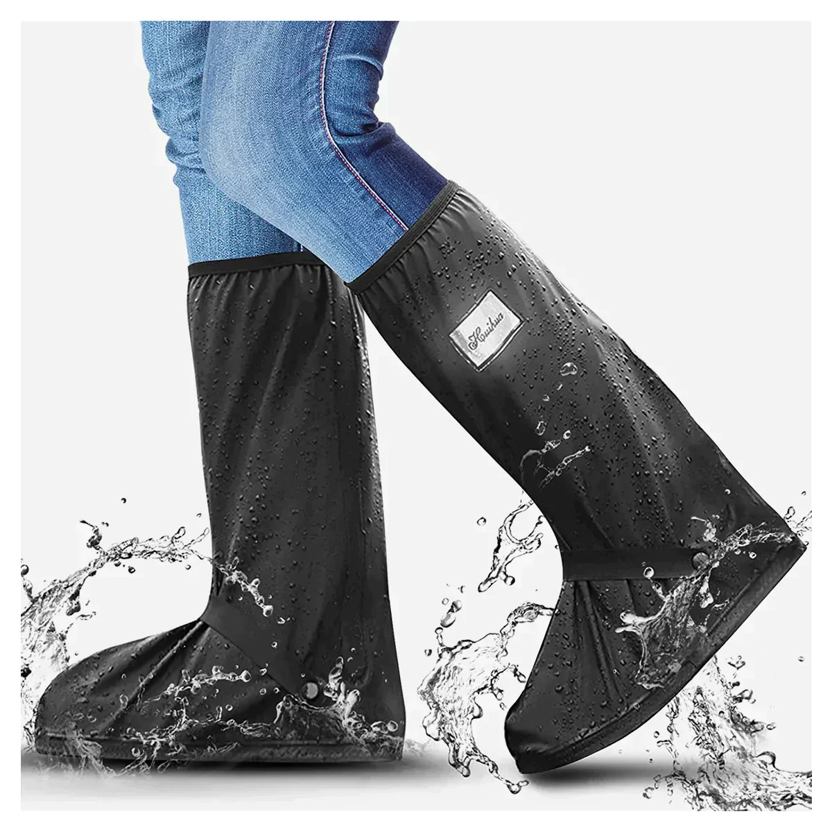 Black waterproof overshoe covers on sneakers, shown with water-splash pattern