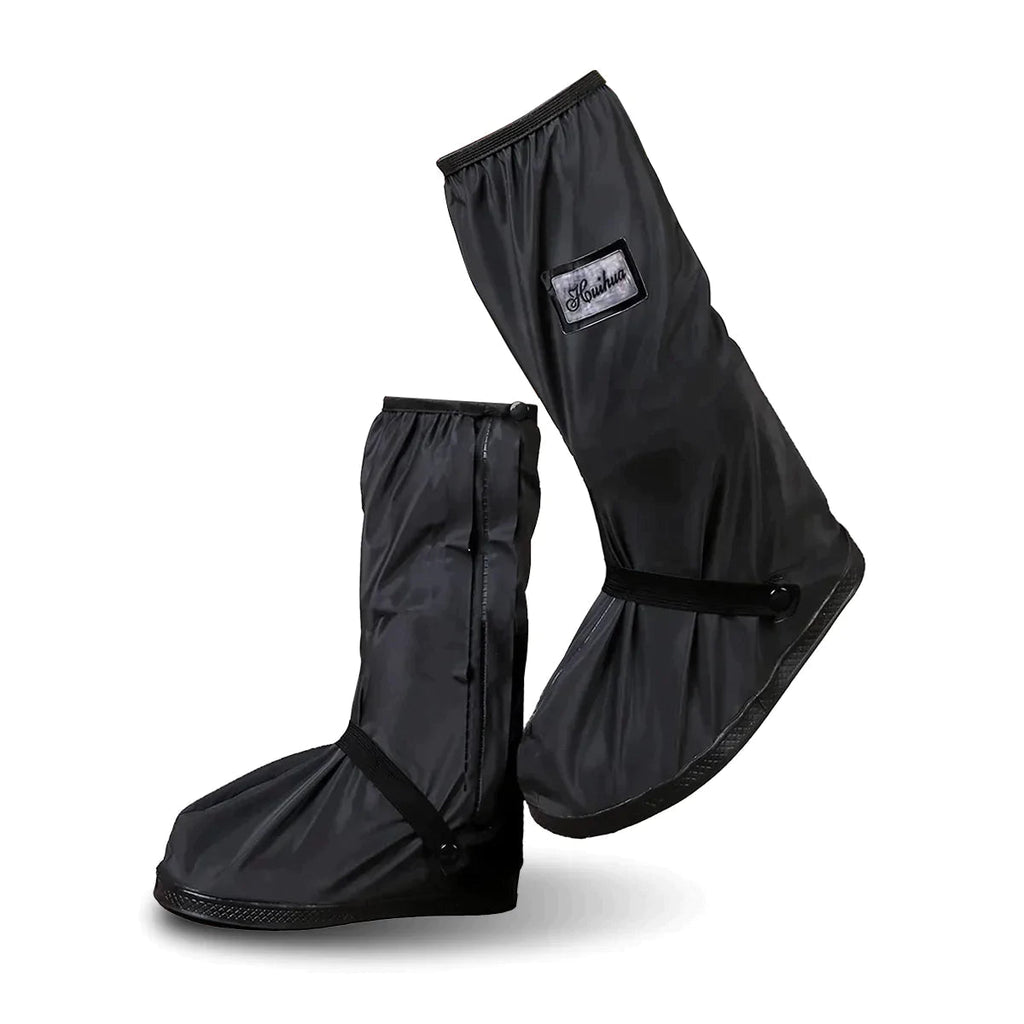 Pair of black reusable overshoe covers with pull-on cuff and logo patch