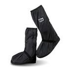 Pair of black reusable overshoe covers with pull-on cuff and logo patch