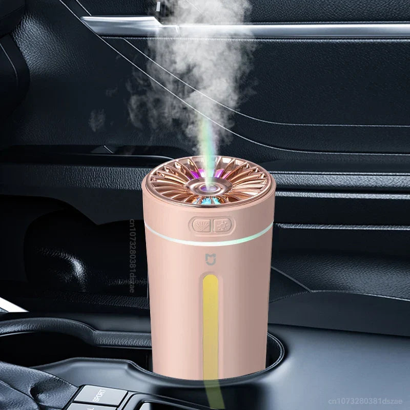 USB humidifier column aroma diffuser, pink body with yellow-green indicator light, emits mist