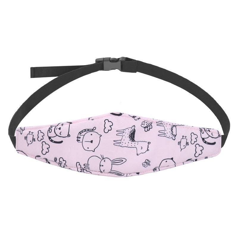 Child car seat headrest strap with light pink animal pattern and adjustable black strap