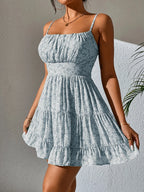 Women's Floral Mini Dress with Spaghetti Straps Cinched Waist Tiered Ruffle Hem Sundress-Mini Dress-Blue-2XS-