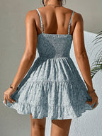 Women's Floral Mini Dress with Spaghetti Straps Cinched Waist Tiered Ruffle Hem Sundress-Mini Dress-Blue-2XS-