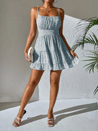 Women's Floral Mini Dress with Spaghetti Straps Cinched Waist Tiered Ruffle Hem Sundress-Mini Dress-Blue-2XS-