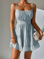 Women's Floral Mini Dress with Spaghetti Straps Cinched Waist Tiered Ruffle Hem Sundress-Mini Dress-Blue-2XS-