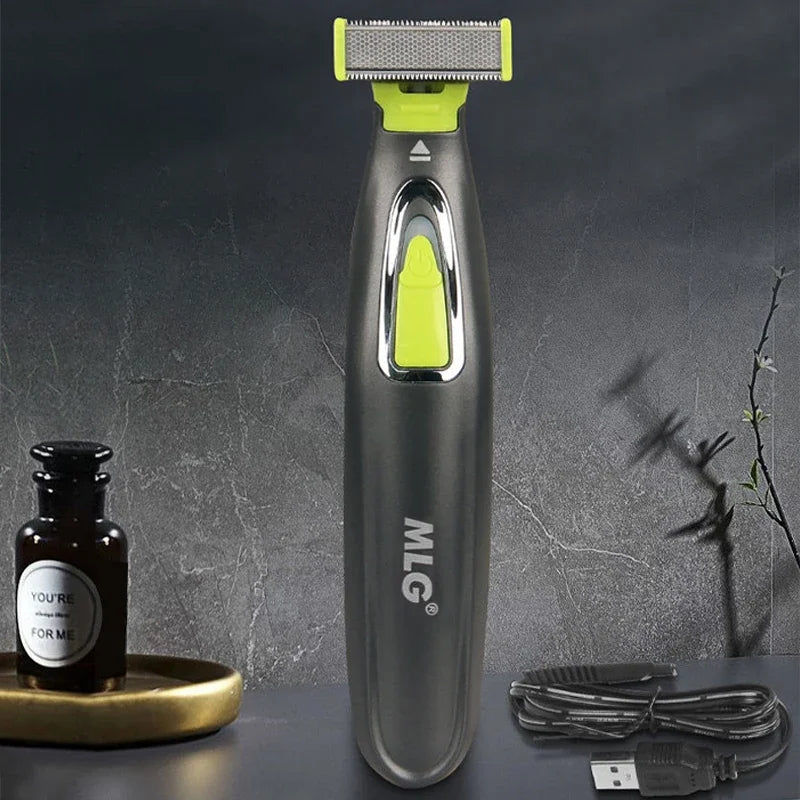 Electric body trimmer with green T-blade head and yellow panel, MLG