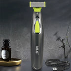 Electric body trimmer with green T-blade head and yellow panel, MLG