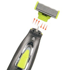 Electric trimmer close-up with green T-blade and chrome frame, MLG