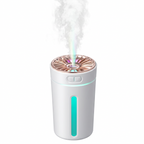 USB humidifier column aroma diffuser, white body with green-blue light, emits mist