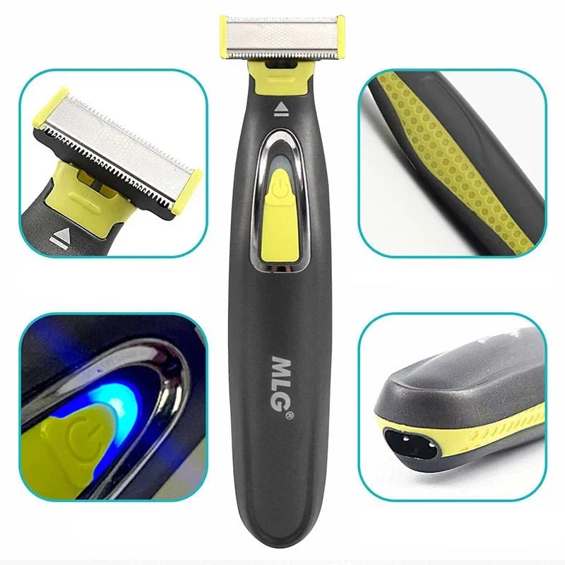 MLG electric shaver shown on a white background with four inset detail images highlighting the steel cutter head, rubber anti-slip grip, blue LED switch, and charging interface.