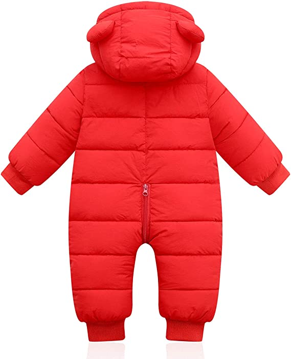 Red hooded baby snowsuit with bear-ear design and full-length center zipper