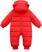 Red hooded baby snowsuit with bear-ear design and full-length center zipper