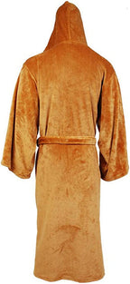 Men's hooded flannel robe, brown, long back view with belt tie