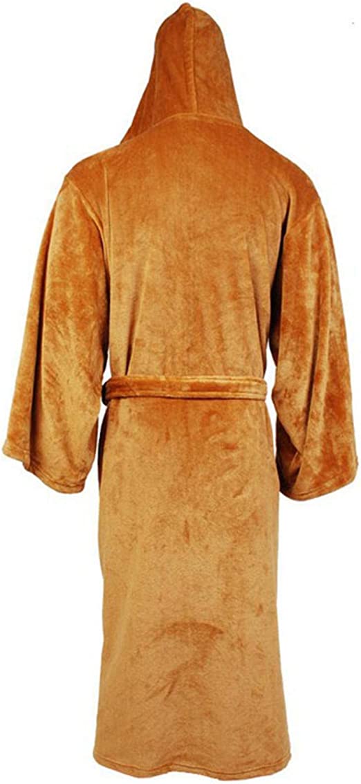 Men's hooded flannel robe, brown, long back view with belt tie