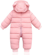 Pink hooded baby snowsuit romper with bear ears, front zip, full-body padded quilt