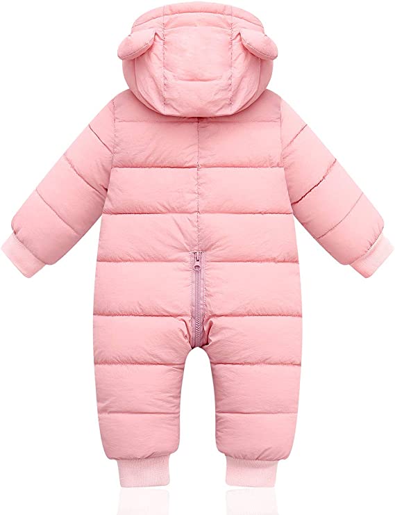 Pink hooded baby snowsuit romper with bear ears, front zip, full-body padded quilt