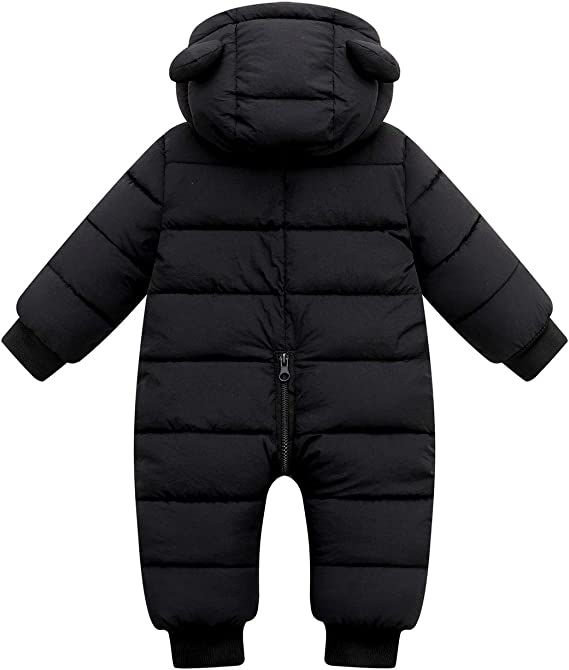 Black baby snowsuit with bear-ear hood and full-length front zipper