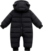 Black baby snowsuit with bear-ear hood and full-length front zipper